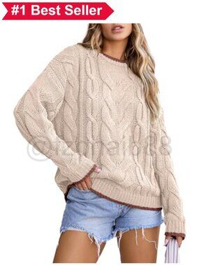 👚 Cable Knit Chunky Crewneck Color Block Pullover Sweater